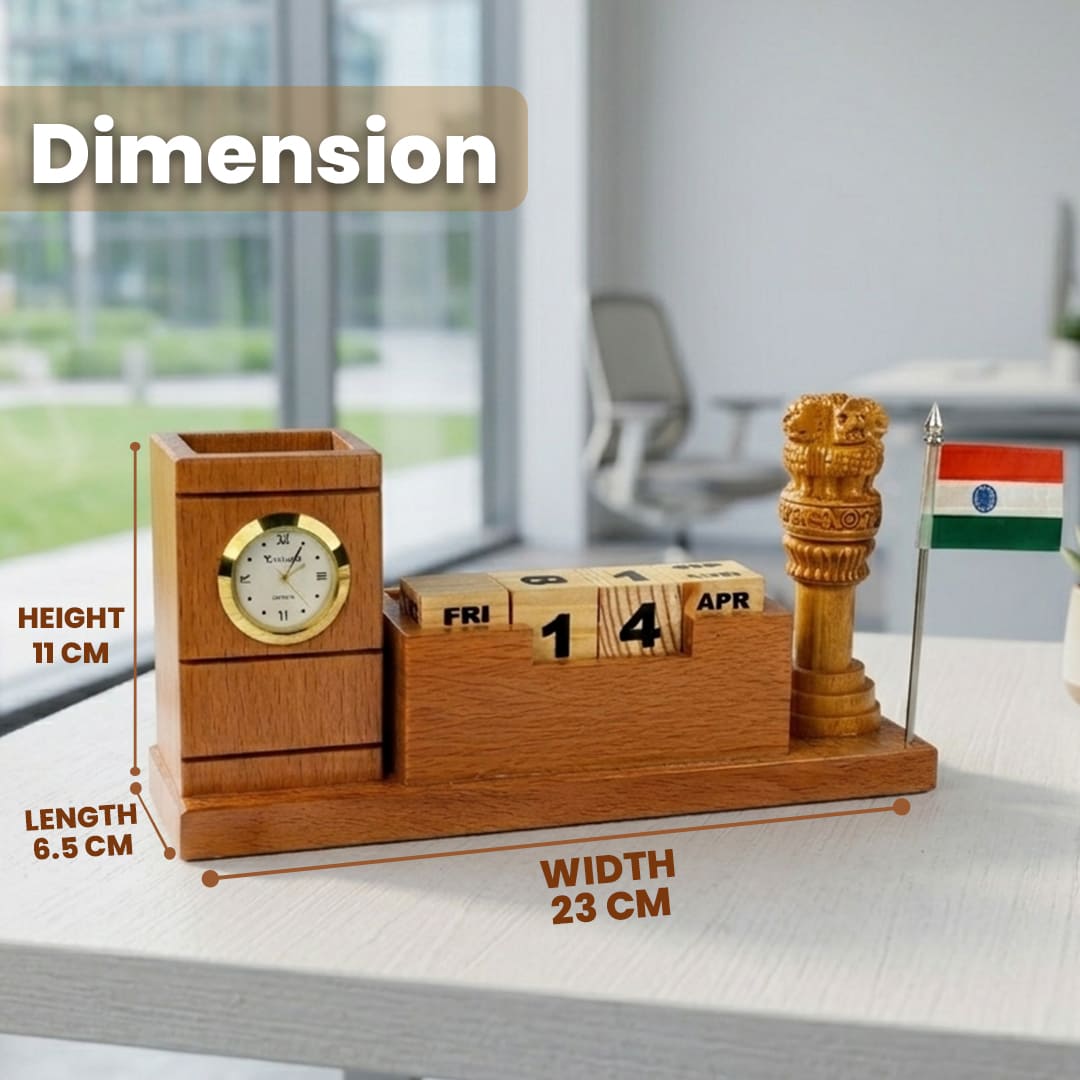 1782716333_Ashoka Stambh Wooden Desk Organizer with Clock & Calendar- 2